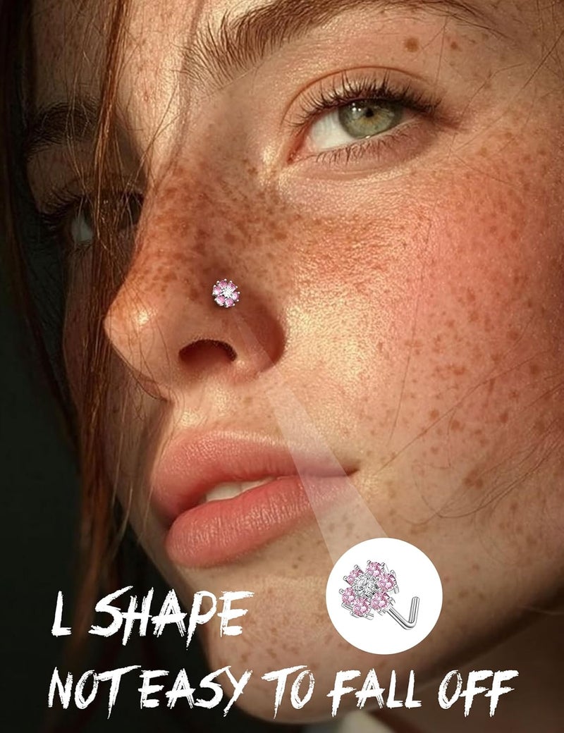 Sanfenly 12 PCS 20G Nose Rings Surgical Stainless Steel, L Shaped Nose Studs for Women Men, CZ Heart Butterfly Flower Leaf Moon Dangle Cute Nose Piercings Studs Screw Jewelry Pink/Purple/Blue/Clear - Image 3